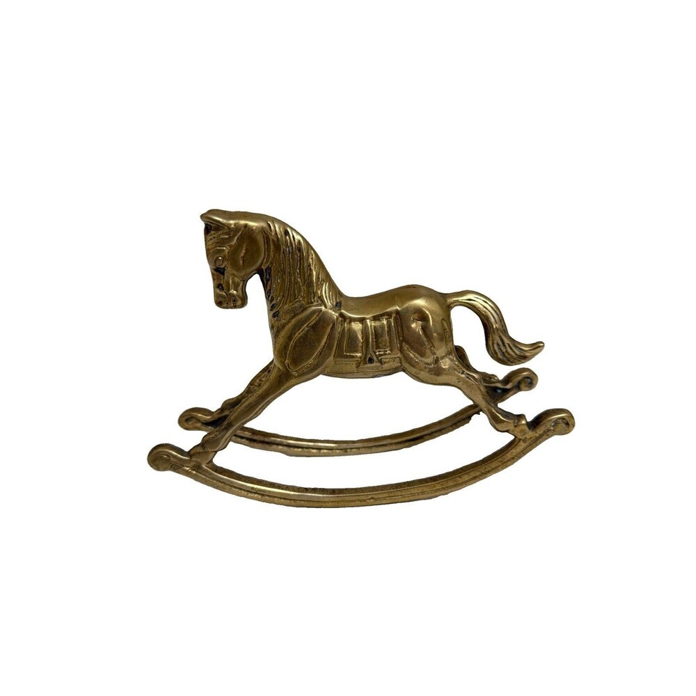 Vintage Brass Rocking Horse Figurine Western Saddle Baby Nursery Decor 5” Tall